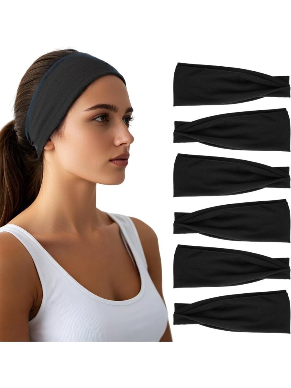 Women Black Elastic 6 Pack Headbands Stretchy Sports Sweatbands Hair Accessories